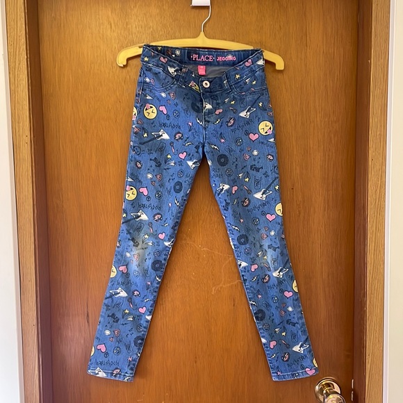 Kids 9/10 Jeans Leggings graffiti emoji print denim - Picture 1 of 7